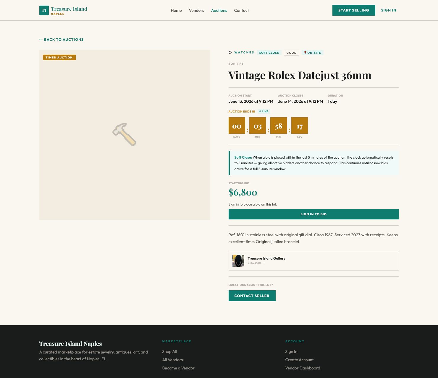 Antique mall auction lot detail page for a Rolex auction item