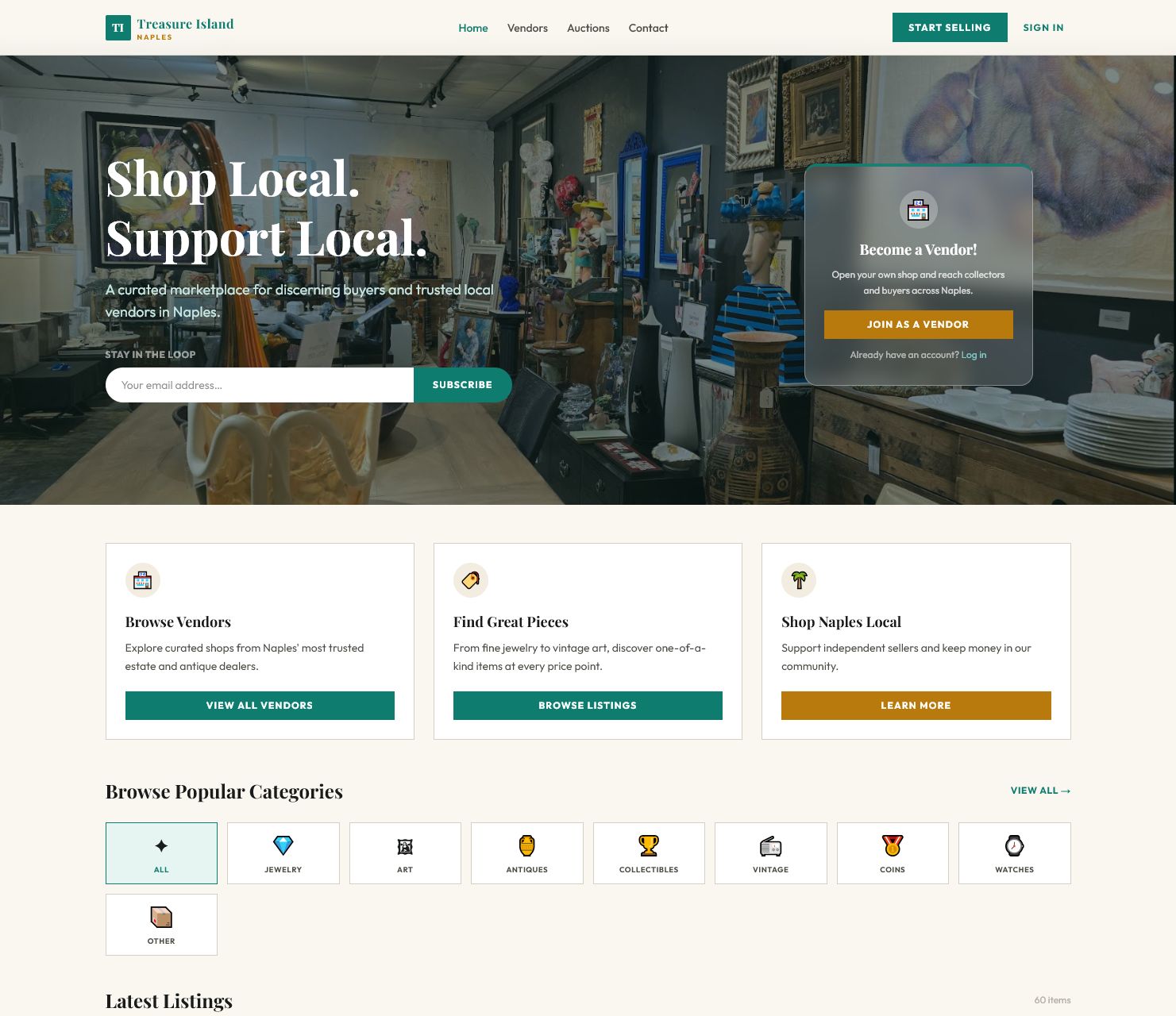 Antique mall marketplace homepage with vendor CTA and category browsing