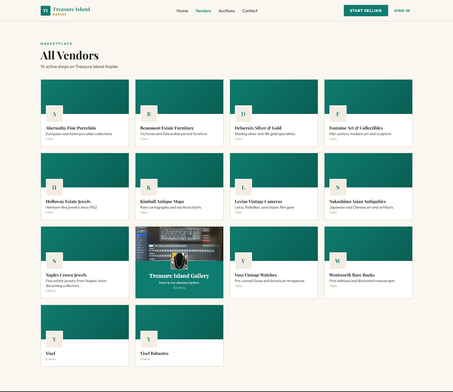 Antique mall vendor directory with multiple shop cards