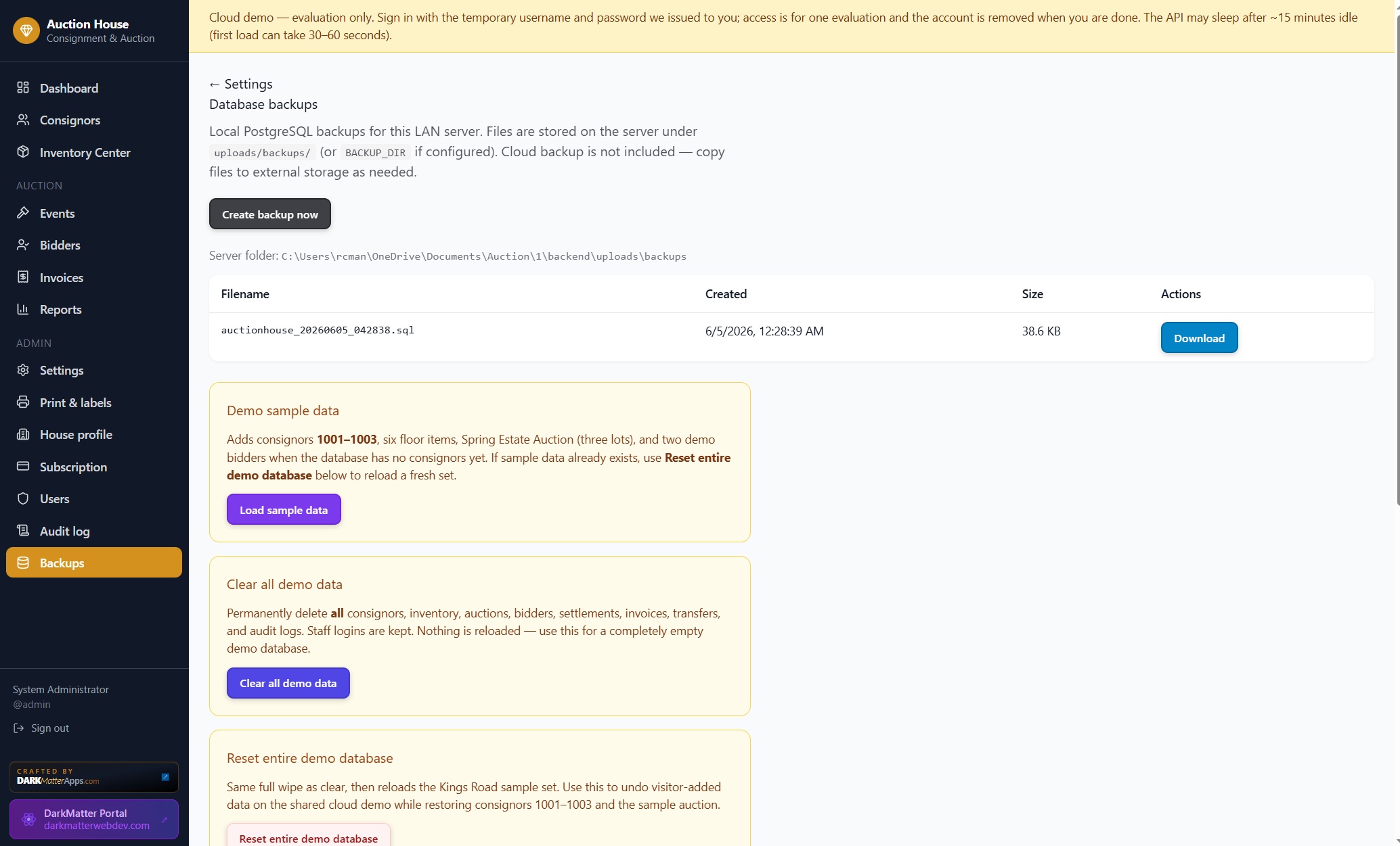 Auction app backups and demo data tools screenshot