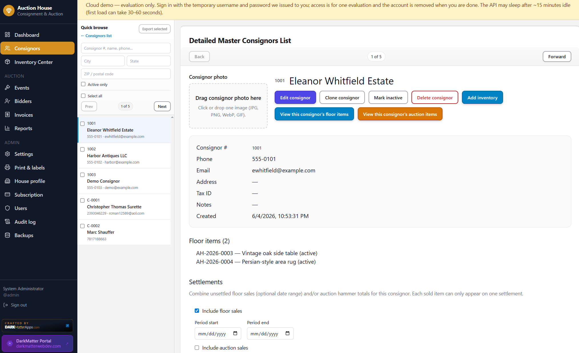 Auction app consignor detail and settlement workflow screenshot