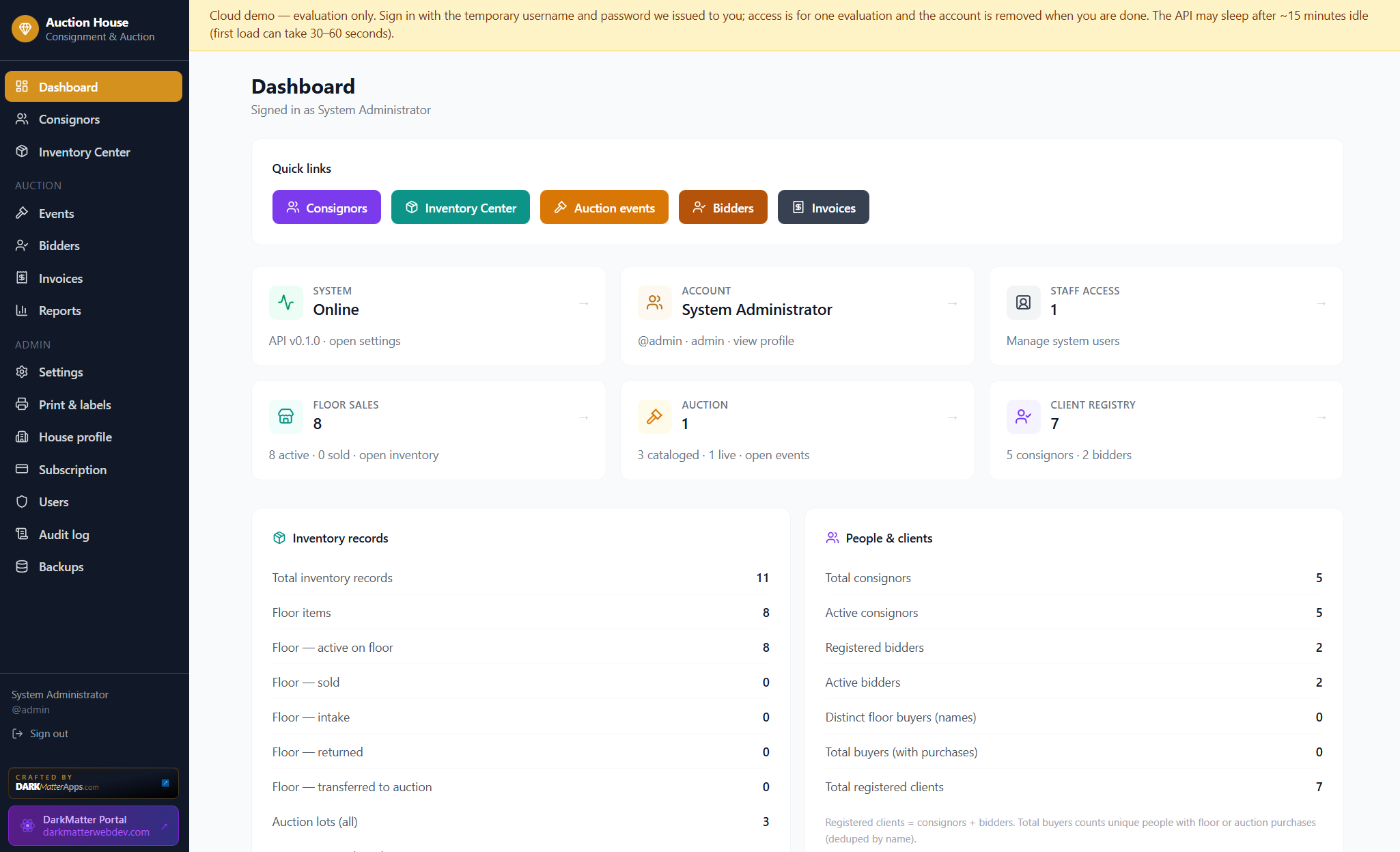 Auction app dashboard with quick links and operational metrics
