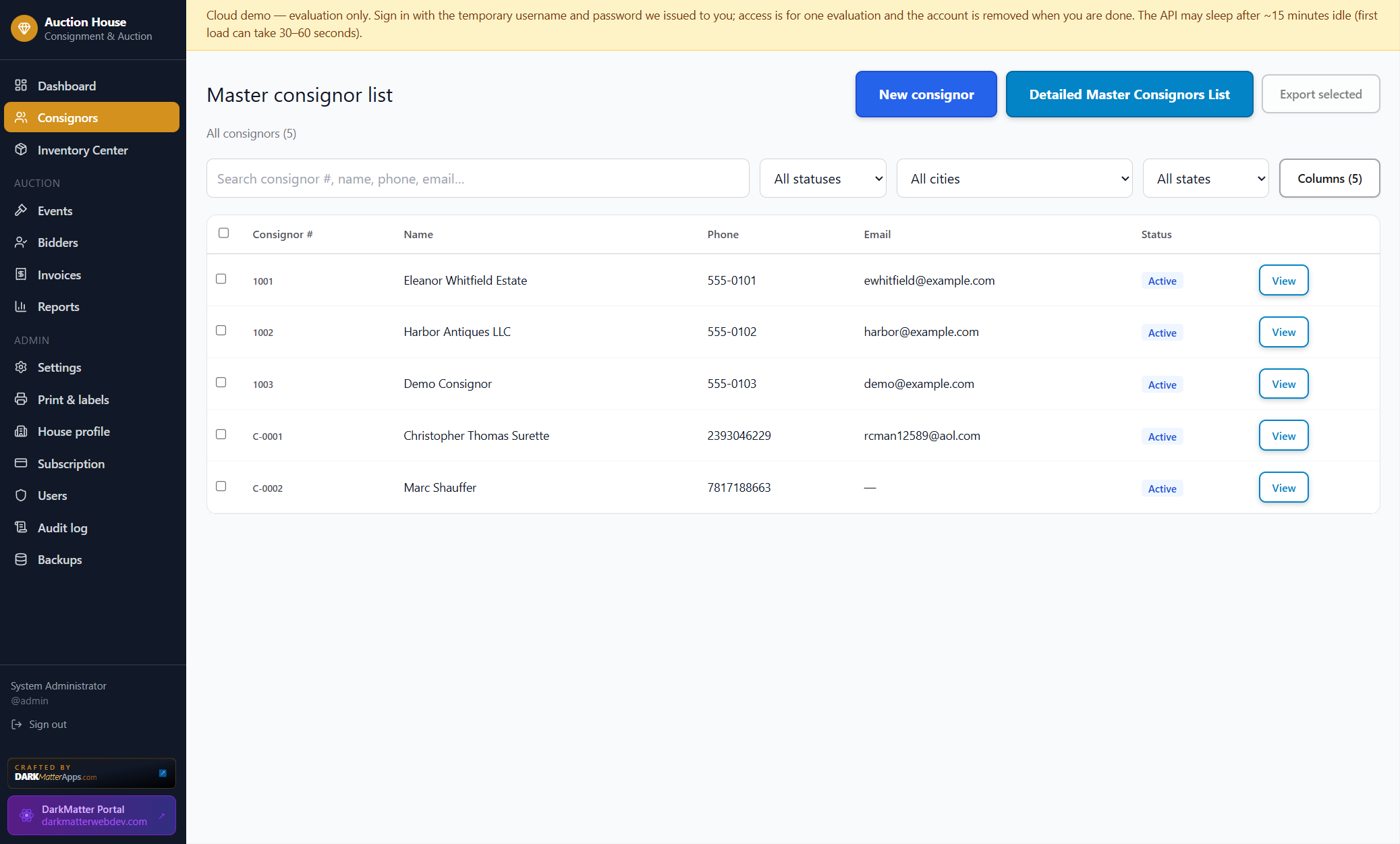 Auction app master consignor list screenshot