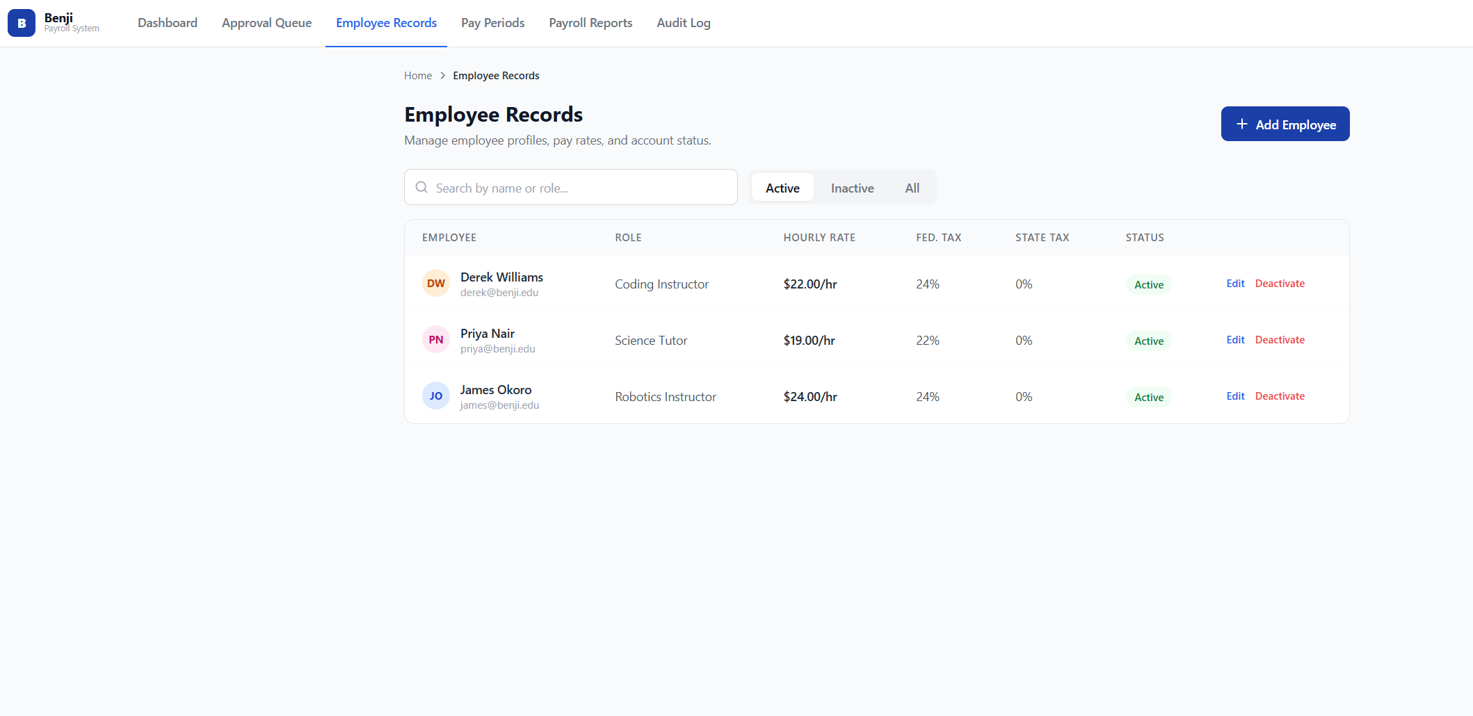 Benji employee records table with pay rates and tax settings