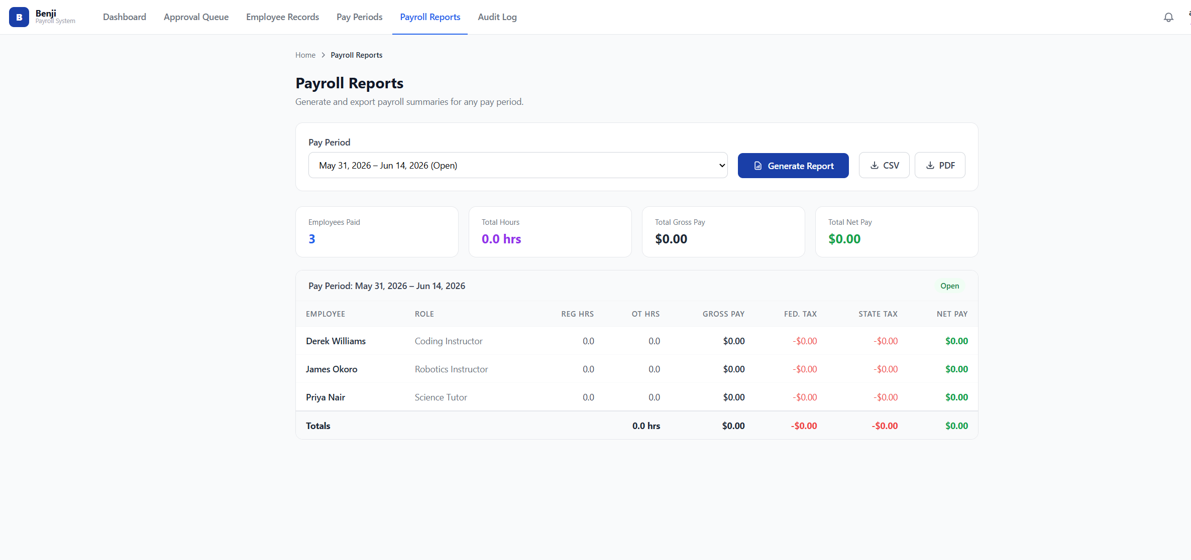 Benji payroll reports with employee breakdown and export options