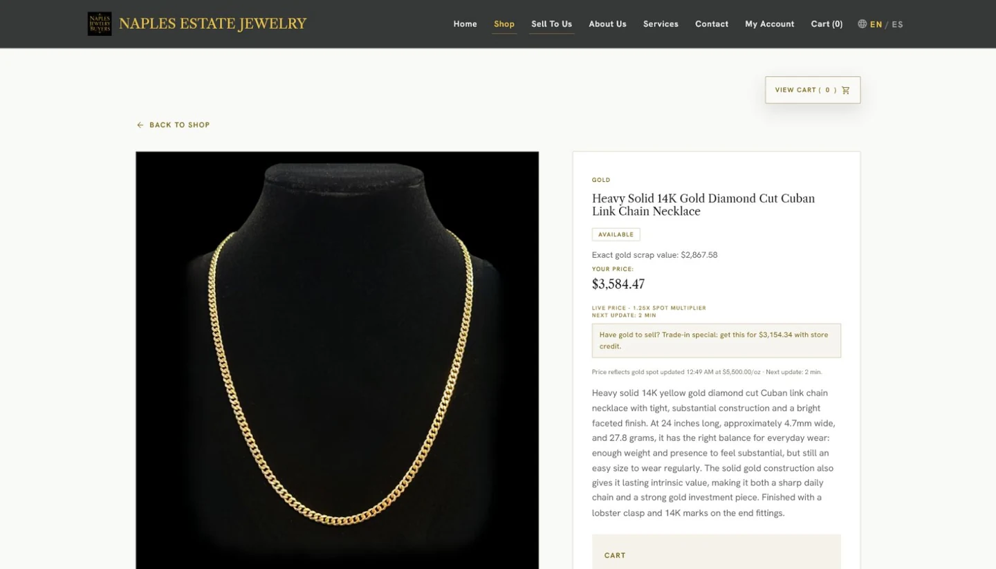 Product detail page with cart and pricing